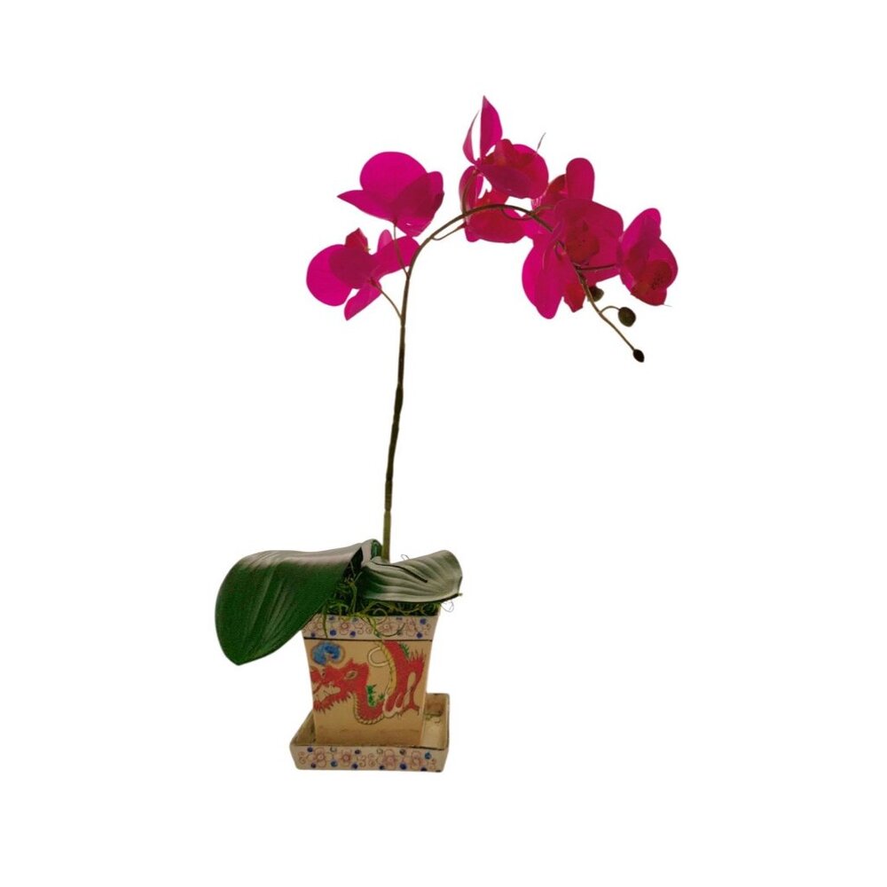 Pink Orchid in Oriental Planter with Dragon Design Faux Floral Arrangement Decor